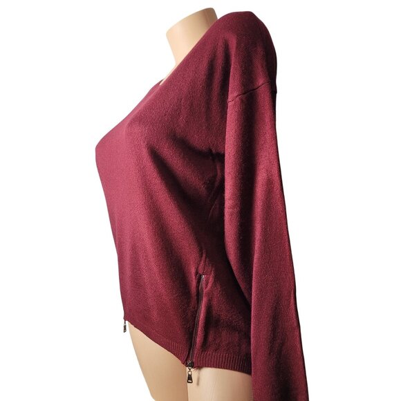 Mine ~ Burgundy Zip Accent Oversized Knit Sweater With Curved Hem & Side Details - Picture 9 of 12